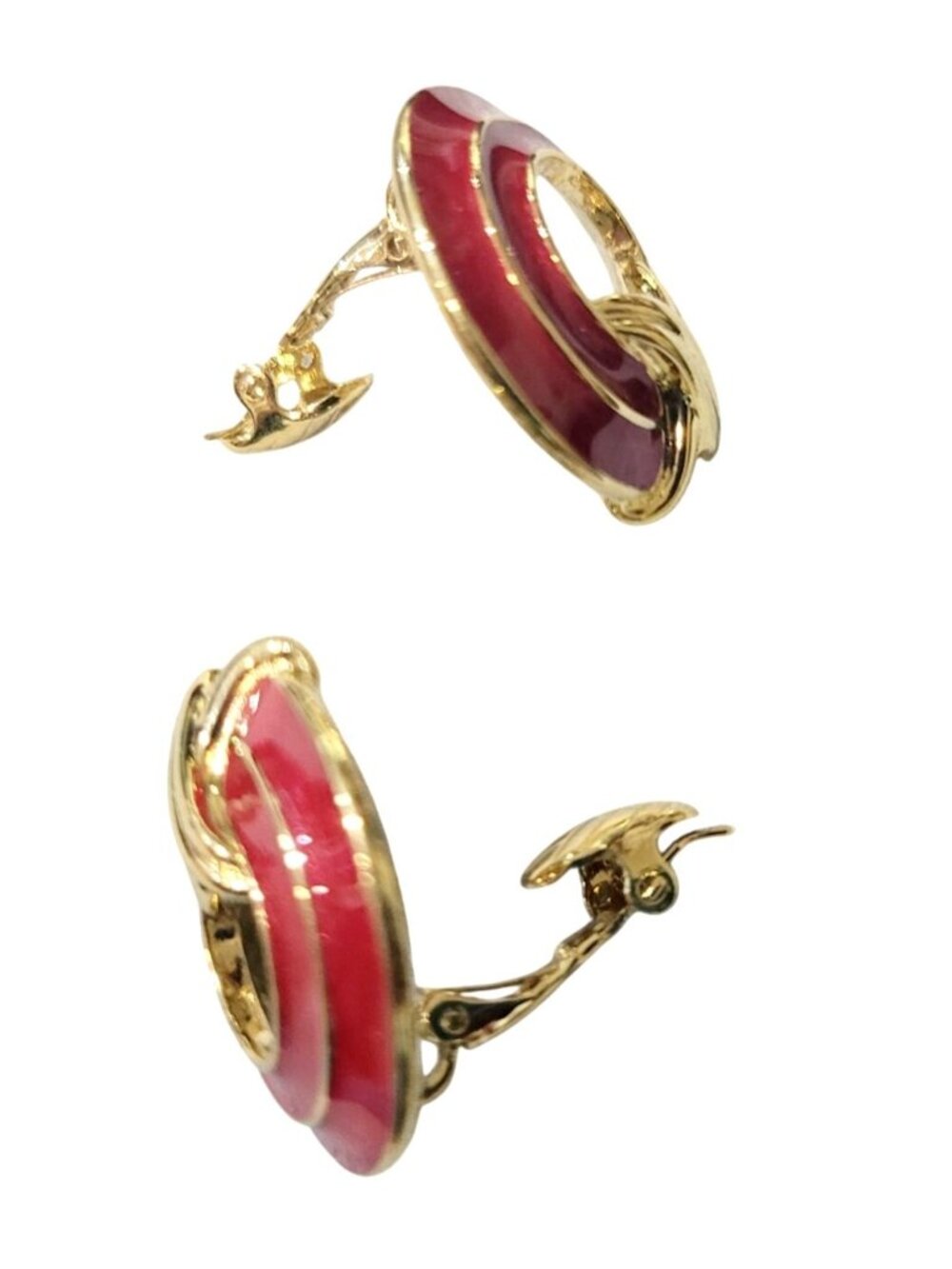 Vintage Trifari Gold Tone Knot Red Enamel Clip on Earrings 1980s Statement - Picture 5 of 8